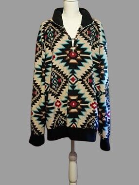 Aztec Pattern Quarter-Zip Pullover Sweater - Cream & Teal Accents